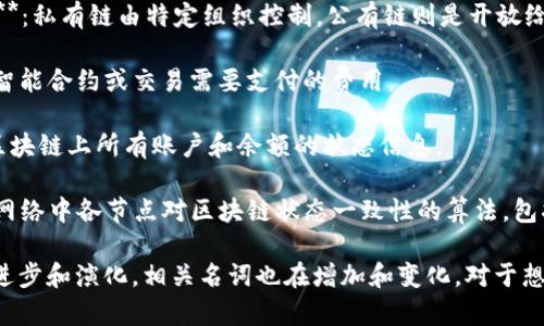 区块链是一个复杂且技术性强的概念，涉及众多的名词和术语。以下是一些常见的区块链相关名词：

1. **区块链（Blockchain）**：一种分散的数据库技术，由多个区块组成，每个区块中存储了一定量的数据，并通过加密的方式链接在一起。
   
2. **区块（Block）**：区块链的基本单位，包含了一组交易记录和其他信息，如时间戳和前一个区块的哈希值。

3. **交易（Transaction）**：用户之间转移数字资产的操作，是区块链中最基本的活动。

4. **哈希（Hash）**：一种加密算法，将输入的数据转化为固定长度的唯一字符串，用于确保数据的完整性和安全性。

5. **节点（Node）**：区块链网络中的计算机或设备，负责存储和验证数据，有的节点还负责编矿。

6. **矿工（Miner）**：通过计算复杂的数学问题来验证和记录交易的节点，并获得区块奖励。

7. **共识机制（Consensus Mechanism）**：区块链网络中用以验证和确认交易的协议，如工作量证明（PoW）、权益证明（PoS）等。

8. **钱包（Wallet）**：用于存储和管理数字资产的软件或硬件，用户通过钱包来发送和接收加密货币。

9. **智能合约（Smart Contract）**：一种自动执行、管理和验证合约的程序，运行在区块链上。

10. **去中心化（Decentralization）**：区块链的核心特征之一，指数据和控制权不集中在单一实体，而是分布在整个网络中。

11. **私钥/公钥（Private Key/Public Key）**：公钥用于接收资产，私钥用于签署交易，保护资产安全。

12. **令牌（Token）**：建立在区块链上的数字资产，可以代表实物资产、服务或权益。

13. **初始币发行（ICO）**：一种筹集资金的方式，企业通过发行数字货币或令牌向投资者出售来获取资本。

14. **去中心化金融（DeFi）**：基于区块链的金融服务，旨在传统金融体系之外提供无中介的金融服务。

15. **链上与链下（On-chain/Off-chain）**：链上指在区块链上进行的操作，链下则指在区块链之外进行的交易或操作。

16. **分叉（Fork）**：区块链的变化或更新，可能导致网络的两个版本，例如比特币和比特币现金的分叉。

17. **私有链/公有链（Private Chain/Public Chain）**：私有链由特定组织控制，公有链则是开放给所有用户参与。

18. **燃料（Gas）**：在某些区块链上（如以太坊），执行智能合约或交易需要支付的费用。

19. **链的状态（State of the Blockchain）**：当前区块链上所有账户和余额的状态信息。

20. **共识算法（Consensus Algorithm）**：用于实现网络中各节点对区块链状态一致性的算法，包括PoW、PoS、DPoS等。

以上是一些基本的区块链名词，实际上区块链技术不断进步和演化，相关名词也在增加和变化。对于想要深入了解区块链的人，建议逐步研究并理解这些概念。